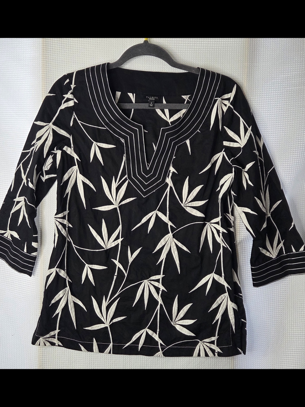 Talbots Black Tunic with White Leaf Embroidery